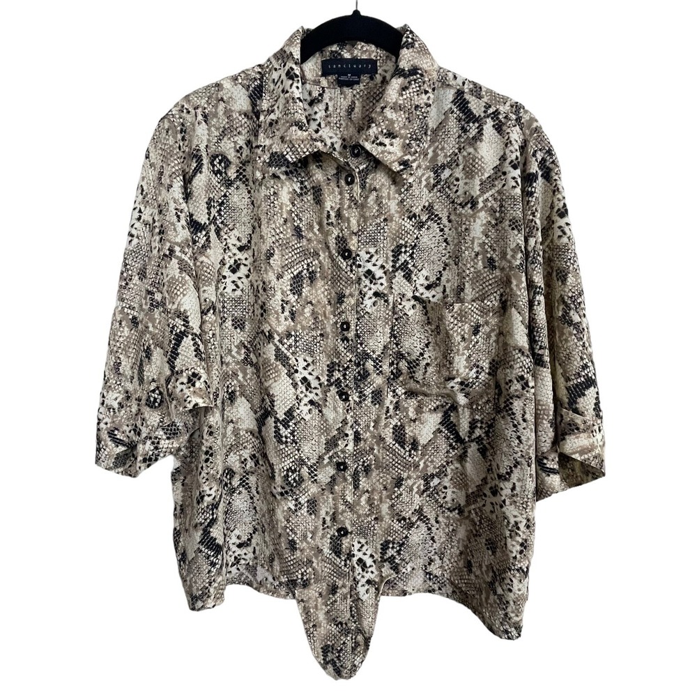 Sanctuary Women's M Snake Print Blouse Button Up Tie Short‎ Sleeve Boxy Fit Top
